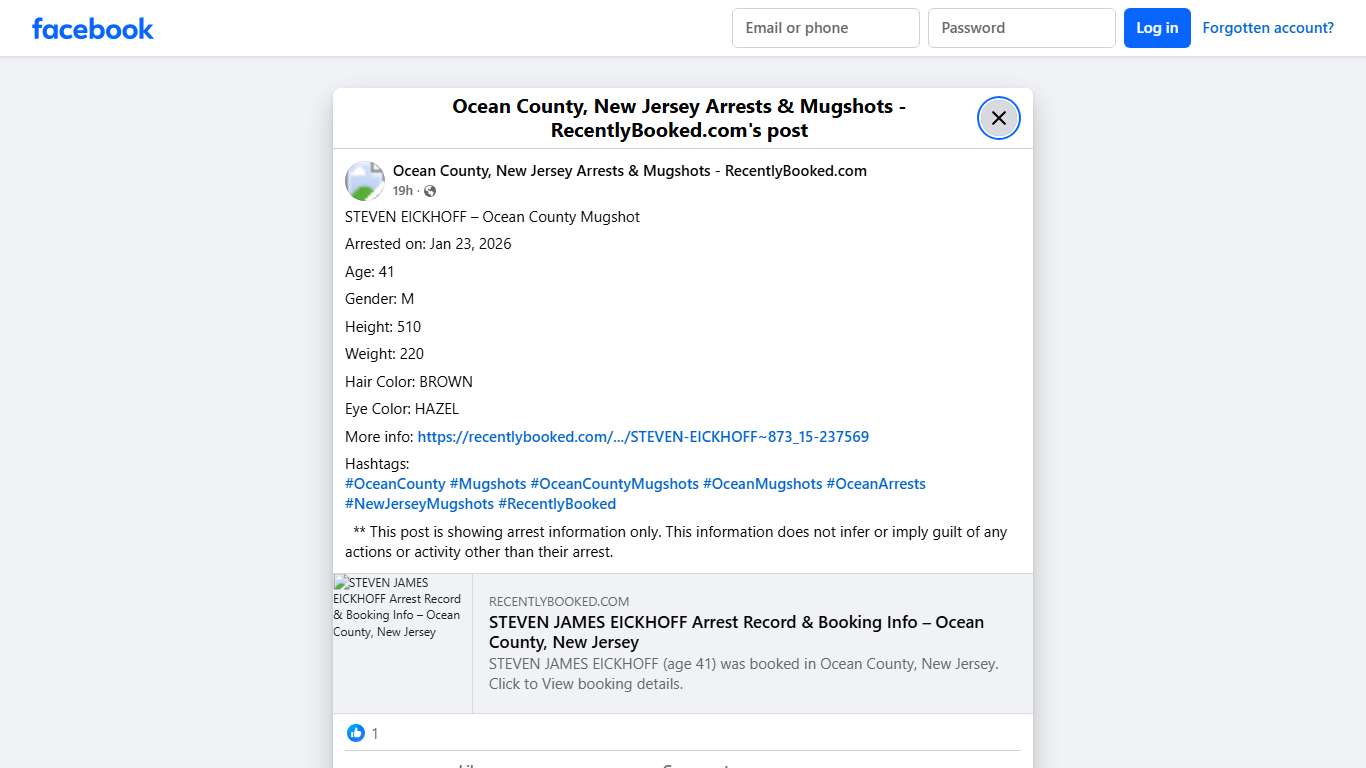 STEVEN EICKHOFF – Ocean County Mugshot Arrested on: Jan 23, 2026 Age: 41 Gender: M Height: 510 Weight: 220 Hair Color: BROWN Eye Color: HAZEL More info: https://recentlybooked.com/NJ/Ocean/STEVEN-EICKHOFF~873_15-237569 Hashtags: #OceanCounty #Mugshots #OceanCountyMugshots #OceanMugshots #OceanArrests #NewJerseyMugshots #RecentlyBooked ** This post is showing arrest information only. This information does not infer or imply guilt of any actions or activity other than... - Ocean County, New Jersey